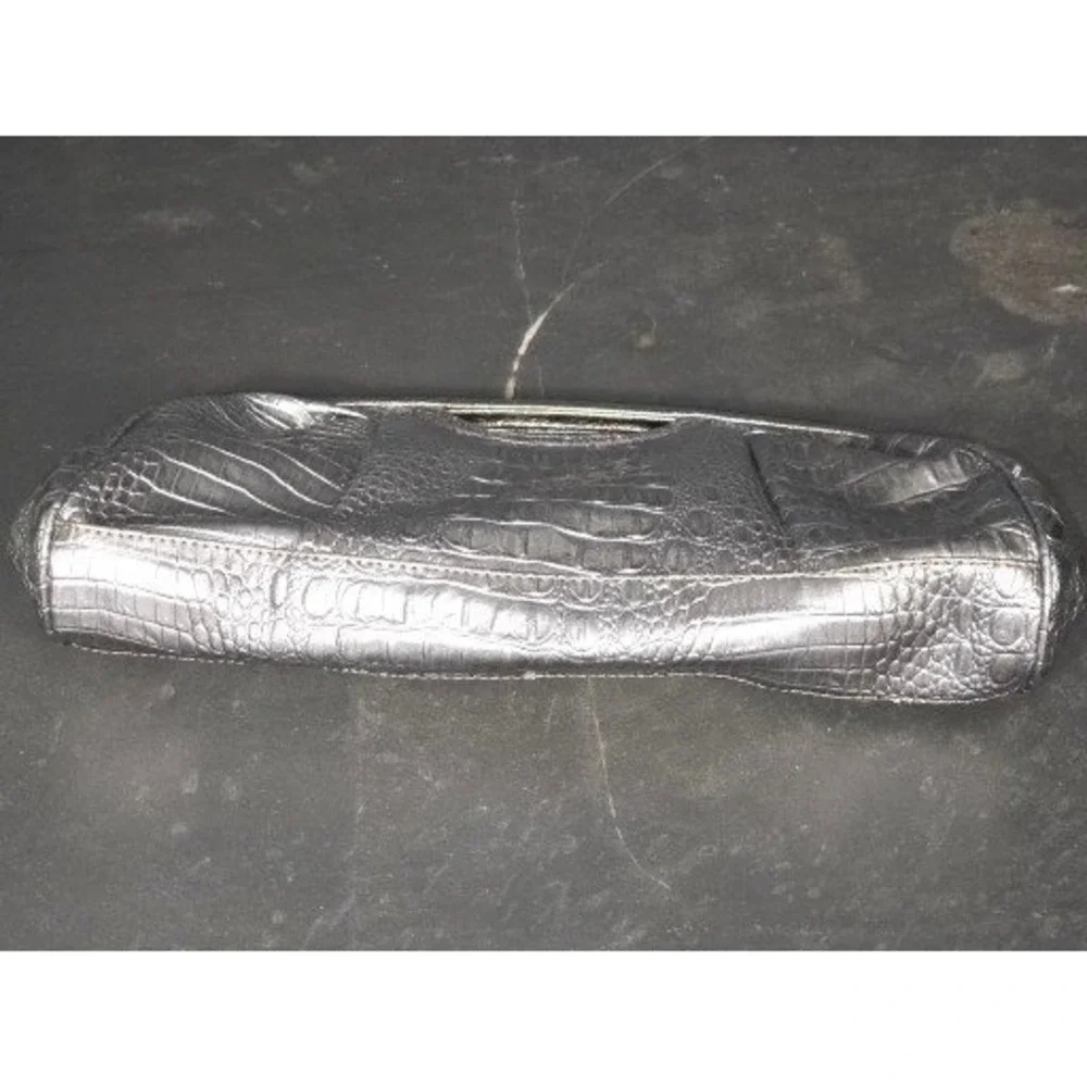 Nicole‎ Miller Silver Crocodile Embossed Frame Clutch Bag Metallic Pewter Office